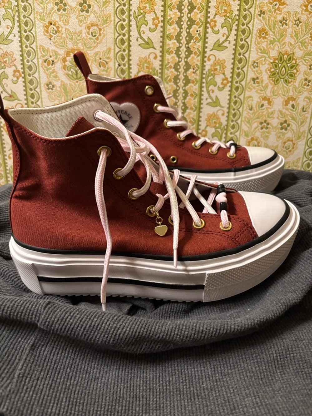 Converse Rust Red High-Top Platform Sneakers with Pink Laces